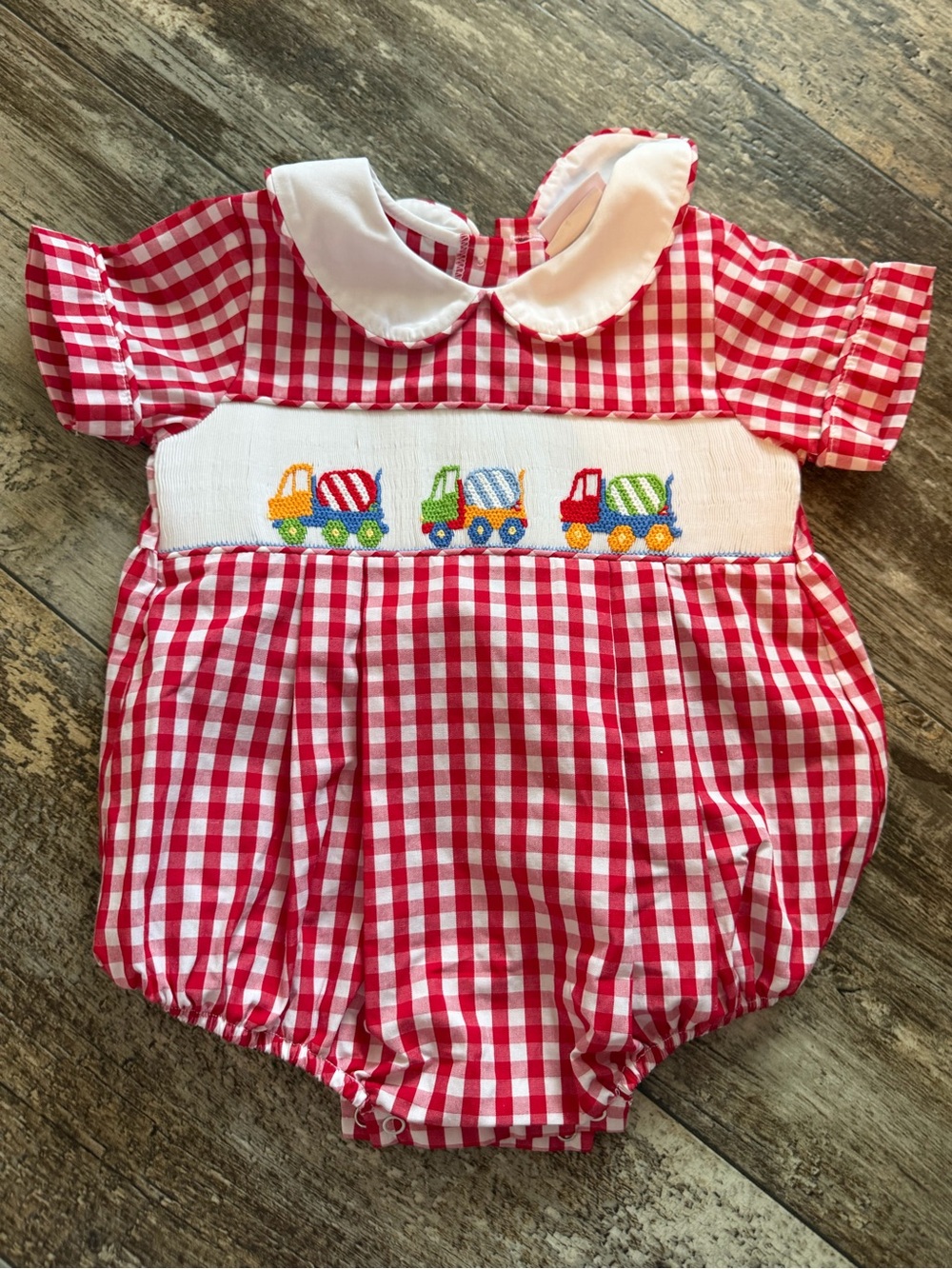 Classic Red Gingham Smocked Baby Romper with Trucks